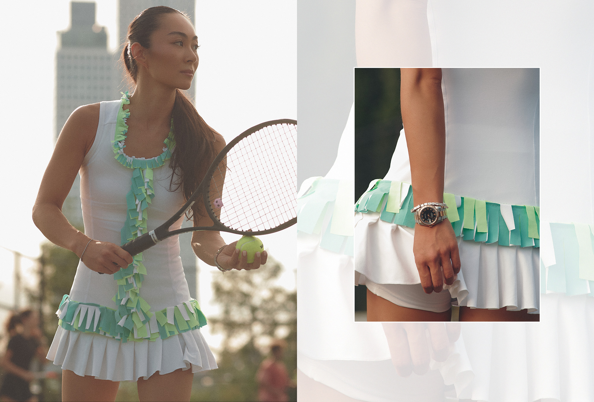 Claudia Li's custom outfit to play in the USTA Pro-Am at the US Open including an upcycled Nike dress and Rolex watch.