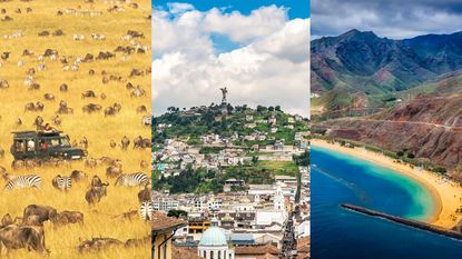 A composite image of three of the best places to travel in August showing Masai Mara National Reserve, Kenya; Quito, Ecuador and the Canary Islands. 