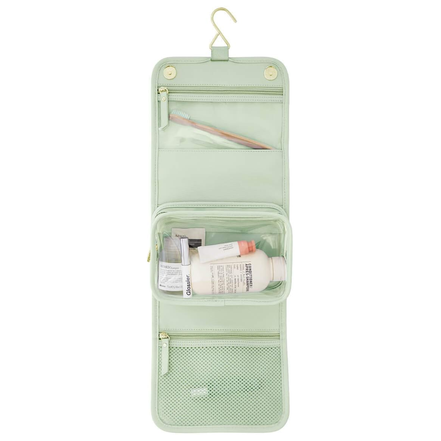 A sage green washbag