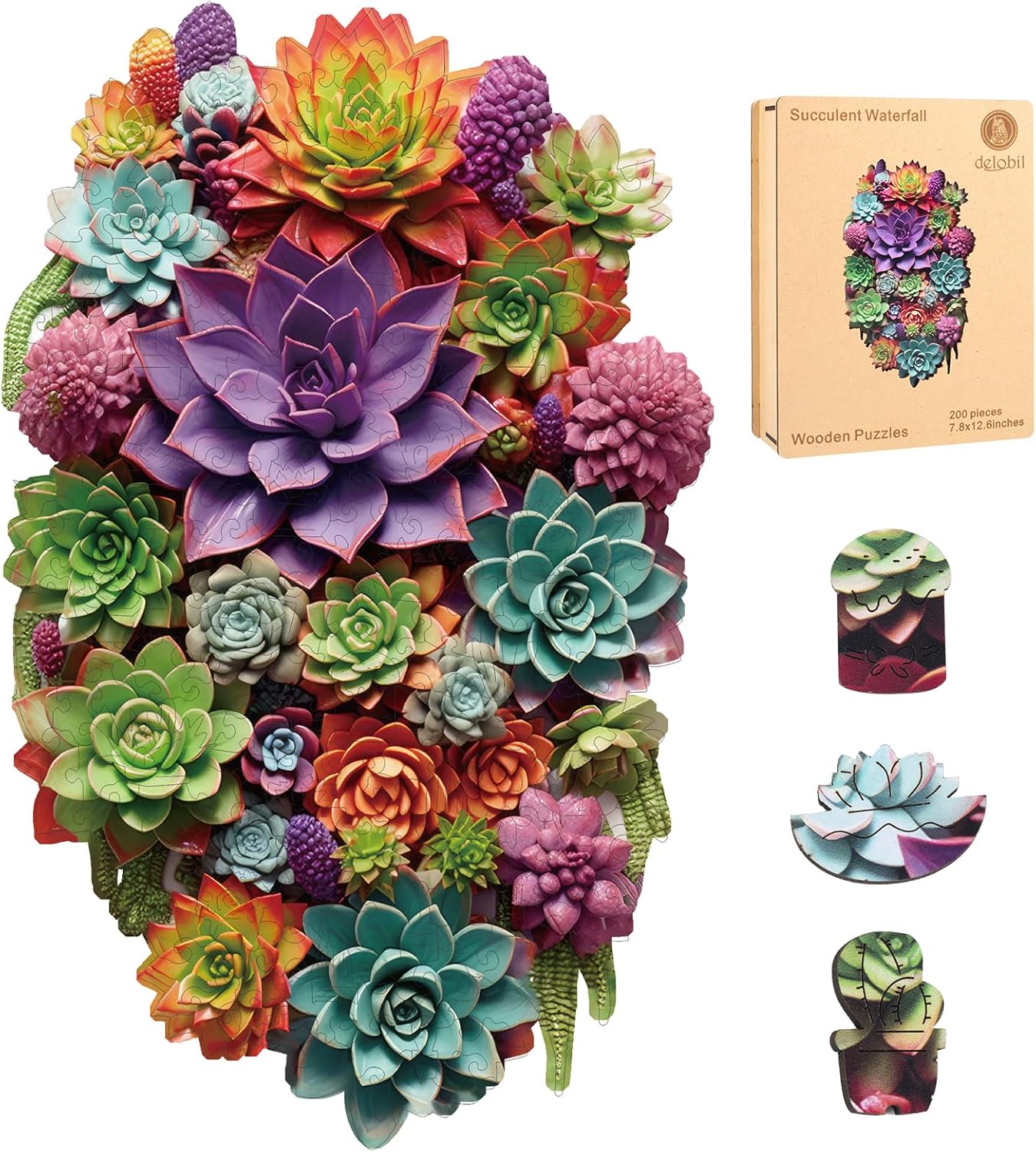 Delobil Puzzles for Adults With Puzzle Saver - Succulent Wooden Puzzle Unique Adult Jigsaw Puzzles Brain Teaser Family Game Gift 200 Pieces 12.6" X 7.8"