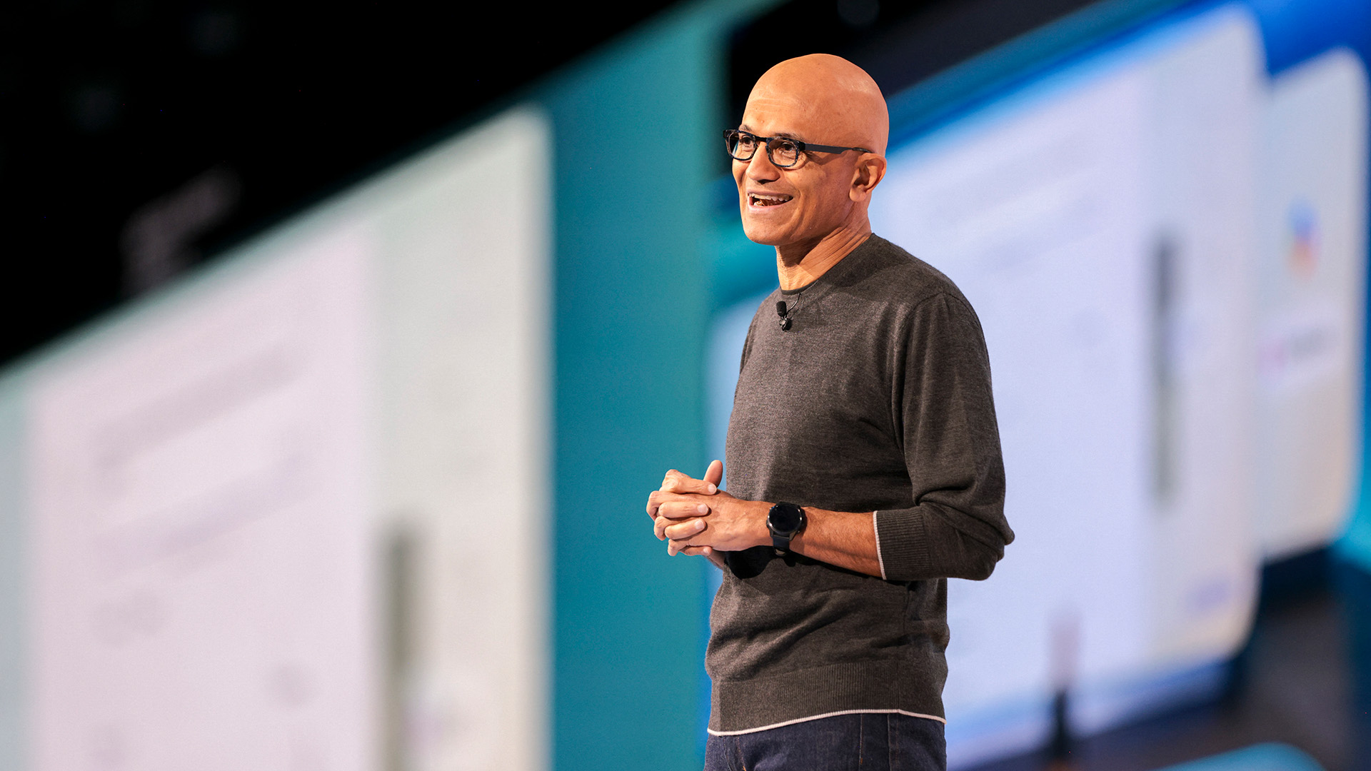 A telephoto shot of Satya Nadella, onstage during the keynote of Microsoft Build 2025.