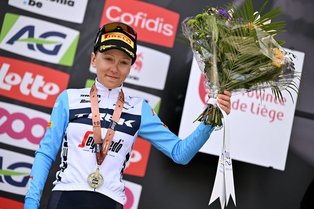 HUY BELGIUM APRIL 19 Gaia Realini of Italy and Team Trek Segafredo on third place poses on the podium ceremony after the 26th La Fleche Wallonne Feminine 2023 a 1273km one day race from Huy to Mur de Huy UCIWWT on April 19 2023 in Huy Belgium Photo by David StockmanGetty Images