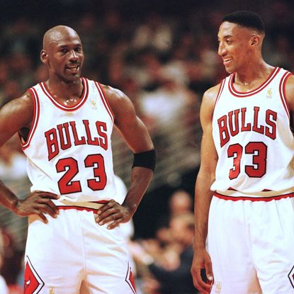 michael jordan l and scottie pippen r of the chicago bulls talk during the final minutes of their game 22 may in the nba eastern conference finals aainst the miami heat at the united center in chicago, illinois the bulls won the game 75 68 to lead the series 2 0 afp photovincent laforet photo by vincent laforet afp photo credit should read vincent laforetafp via getty images