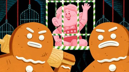 Two menacing gingerbread men look intimidating while a candy person waves from a cage