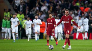 Jordan Henderson of Liverpool reacts after Real Madrid's fourth goal during the UEFA Champions League round of 16 first leg match between Liverpool and Real Madrid at Anfield on 21 February, 2023 in Liverpool, United Kingdom.
