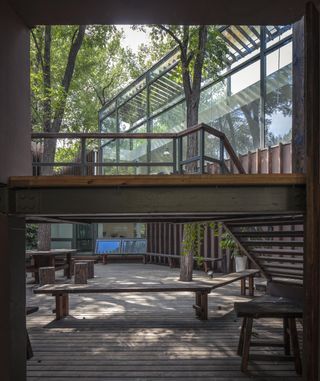 Badaling Forest Experience Center, Beijing detail showing wooden walkway