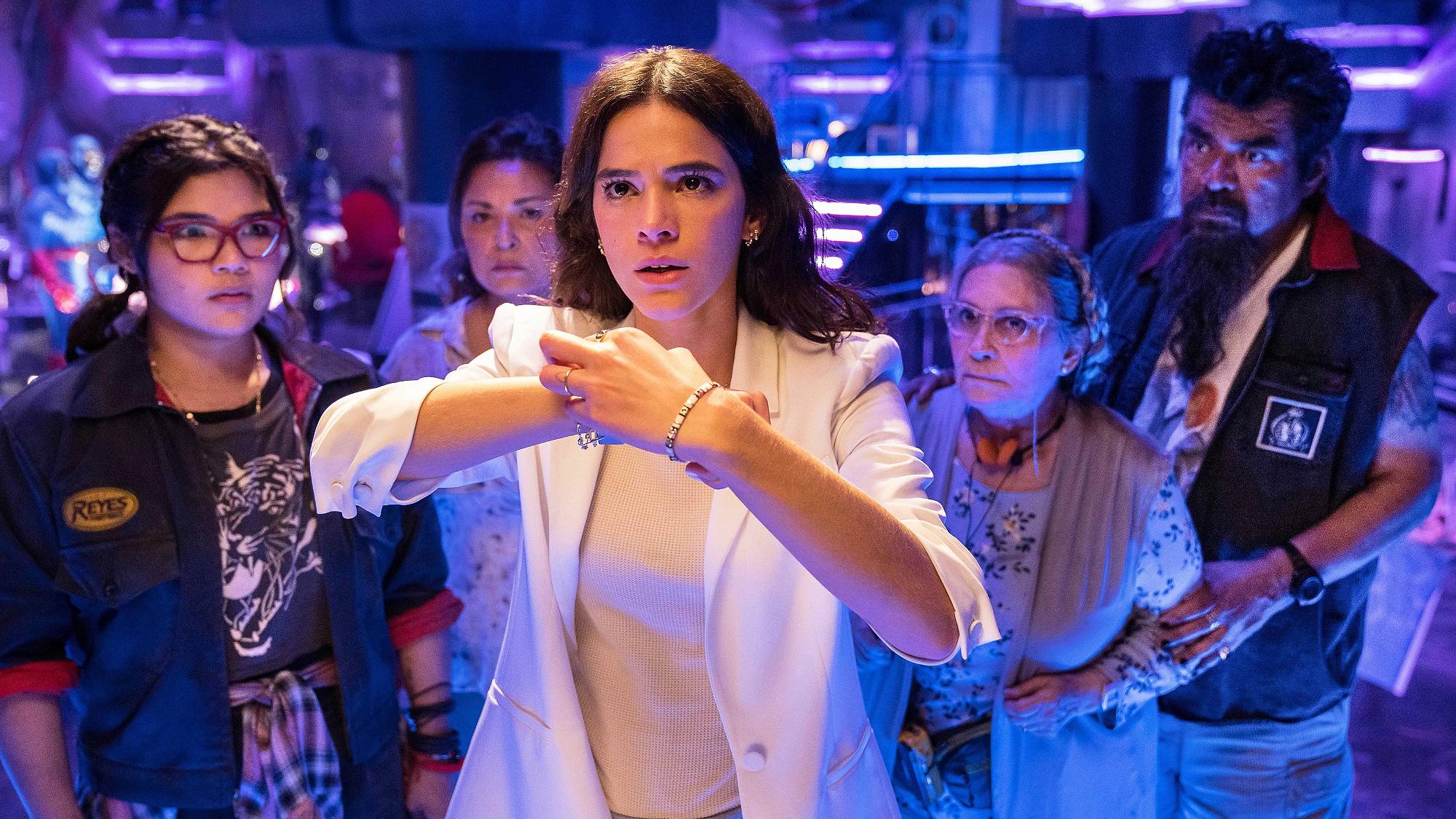 Belissa Escobedo, Elpidia Carrillo, Bruna Marquezine, Adriana Barraza, and George Lopez in &quot;Blue Beetle&quot; movie (2023)