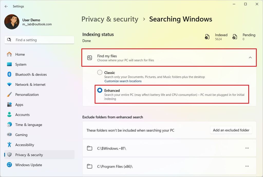 Search index Enhanced option