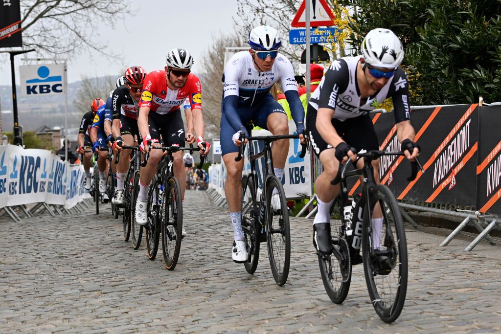 Danish Kasper Asgreen of Deceuninck QuickStep Belgian Sep Vanmarcke of Israel StartUp Nation and Belgian Victor Campenaerts of Qhubeka Assos pictured in action during the 105th edition of the Ronde van Vlaanderen Tour des Flandres Tour of Flanders one day cycling race 254km from Antwerp to Oudenaarde Sunday 04 April 2021 BELGA PHOTO DIRK WAEM Photo by DIRK WAEMBELGA MAGAFP via Getty Images