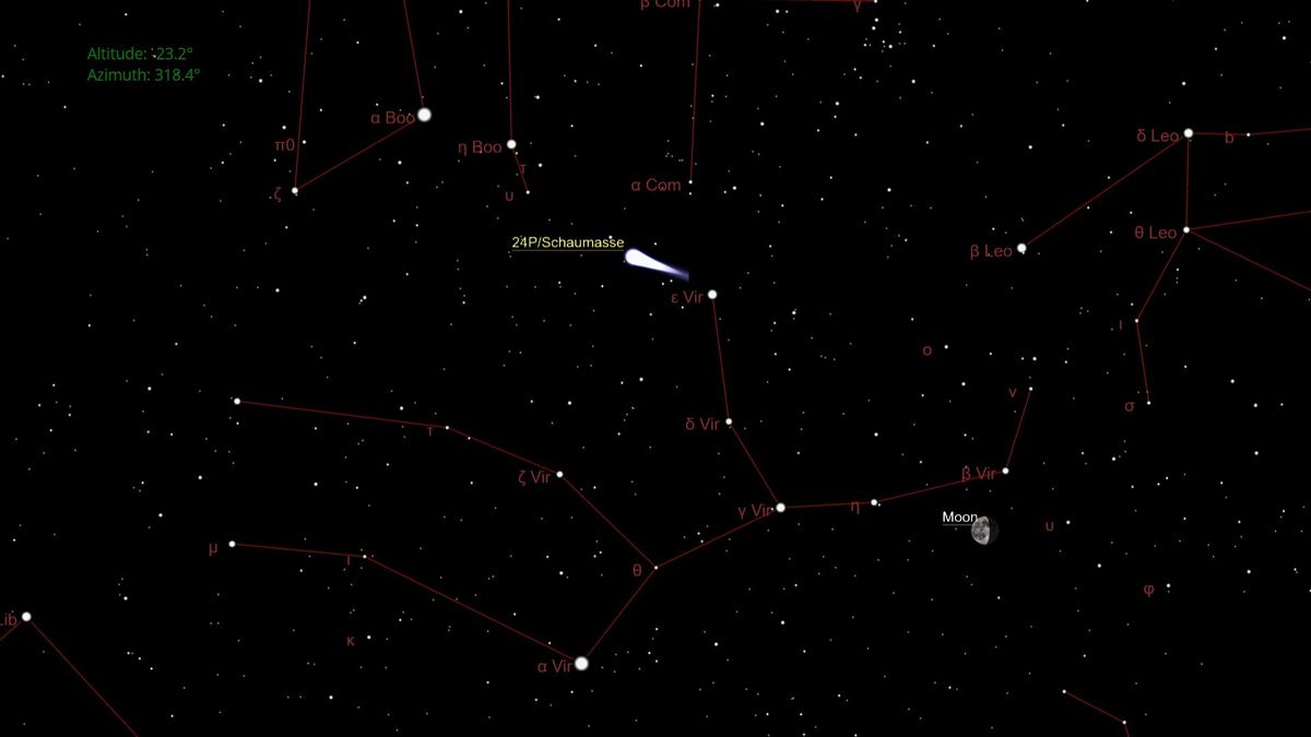 夜空上隱約標有彗星 24P/Schaumasse。它位於處女座。