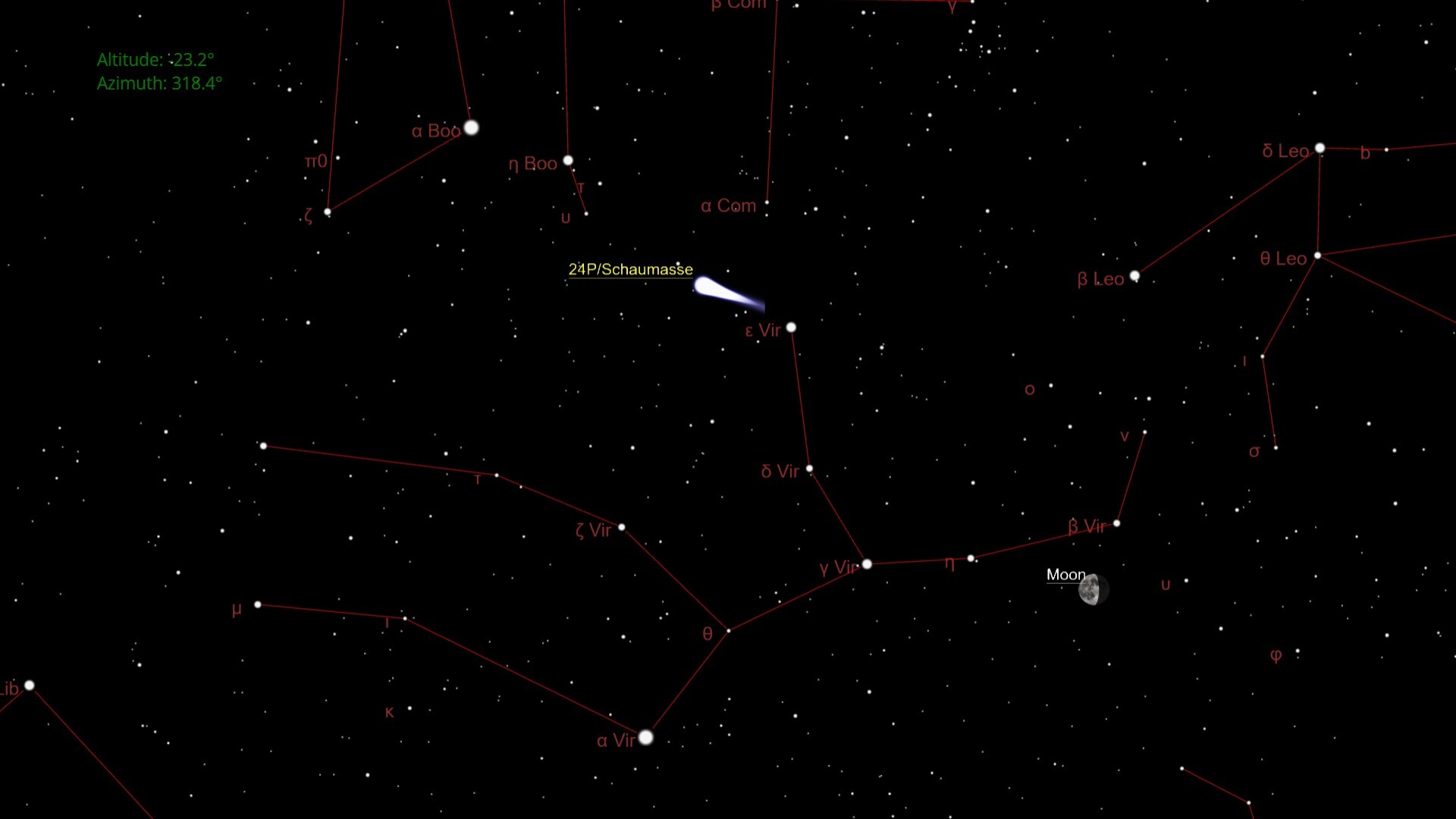A night sky with faint labels for where comet 24P/Schaumasse is located in the Virgo constellation.