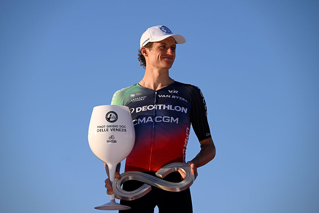 ROME, ITALY - MAY 31: Felix Gall of Austria and Team Decathlon CMA CGM on second place poses on the podium ceremony after the 109th Giro d&amp;amp;apos;Italia 2026, Stage 21 a 131km stage from Rome to Rome 1289m / #UCIWT / on May 31, 2026 in Rome, Italy. (Photo by Dario Belingheri/Getty Images)