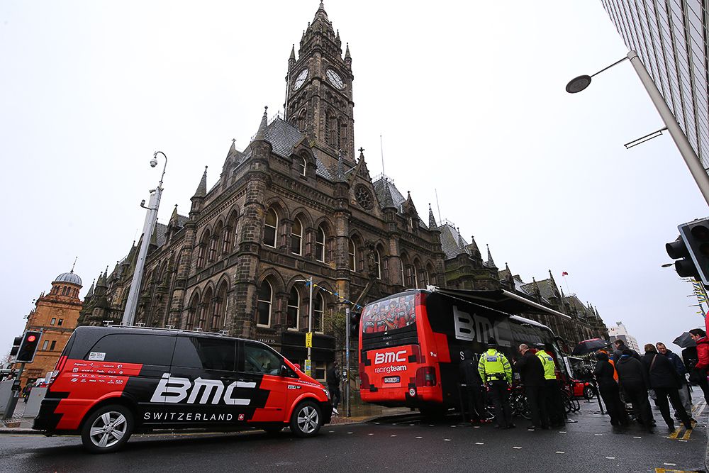 BMC team vehicles are ready for when the race ends.