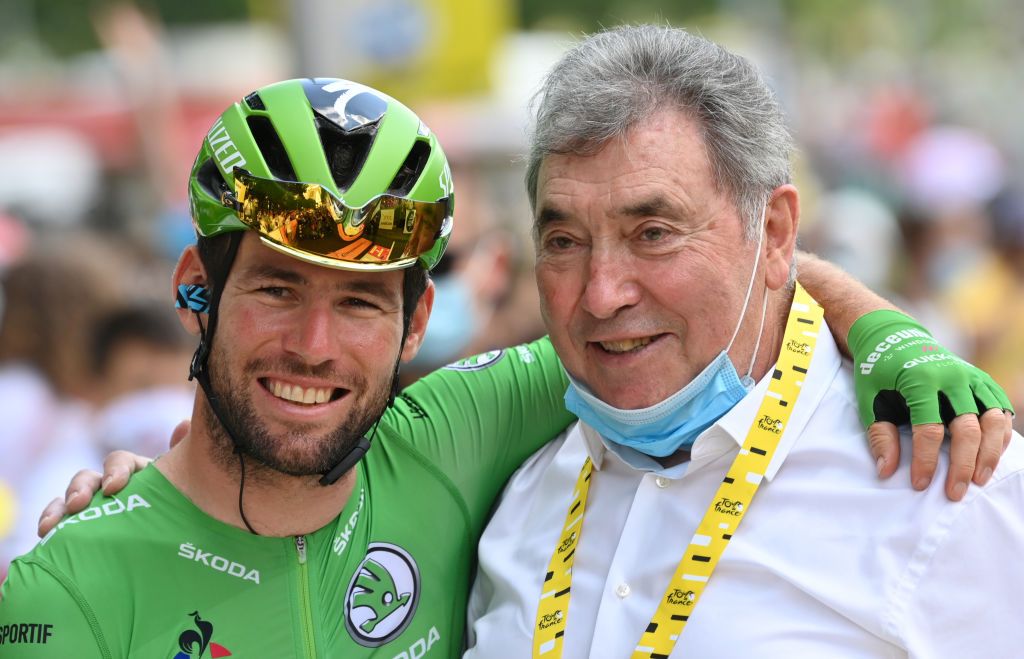 British Mark Cavendish of Deceuninck QuickStep wearing the green jersey of leader in the sprint ranking and Former Belgian cyclist Eddy Merckx pictured at the start of stage 19 of the 108th edition of the Tour de France cycling race from Mourenx to Libourne 207 km in France Friday 16 July 2021 This years Tour de France takes place from 26 June to 18 July 2021BELGA PHOTO DAVID STOCKMAN Photo by DAVID STOCKMANBELGA MAGAFP via Getty Images