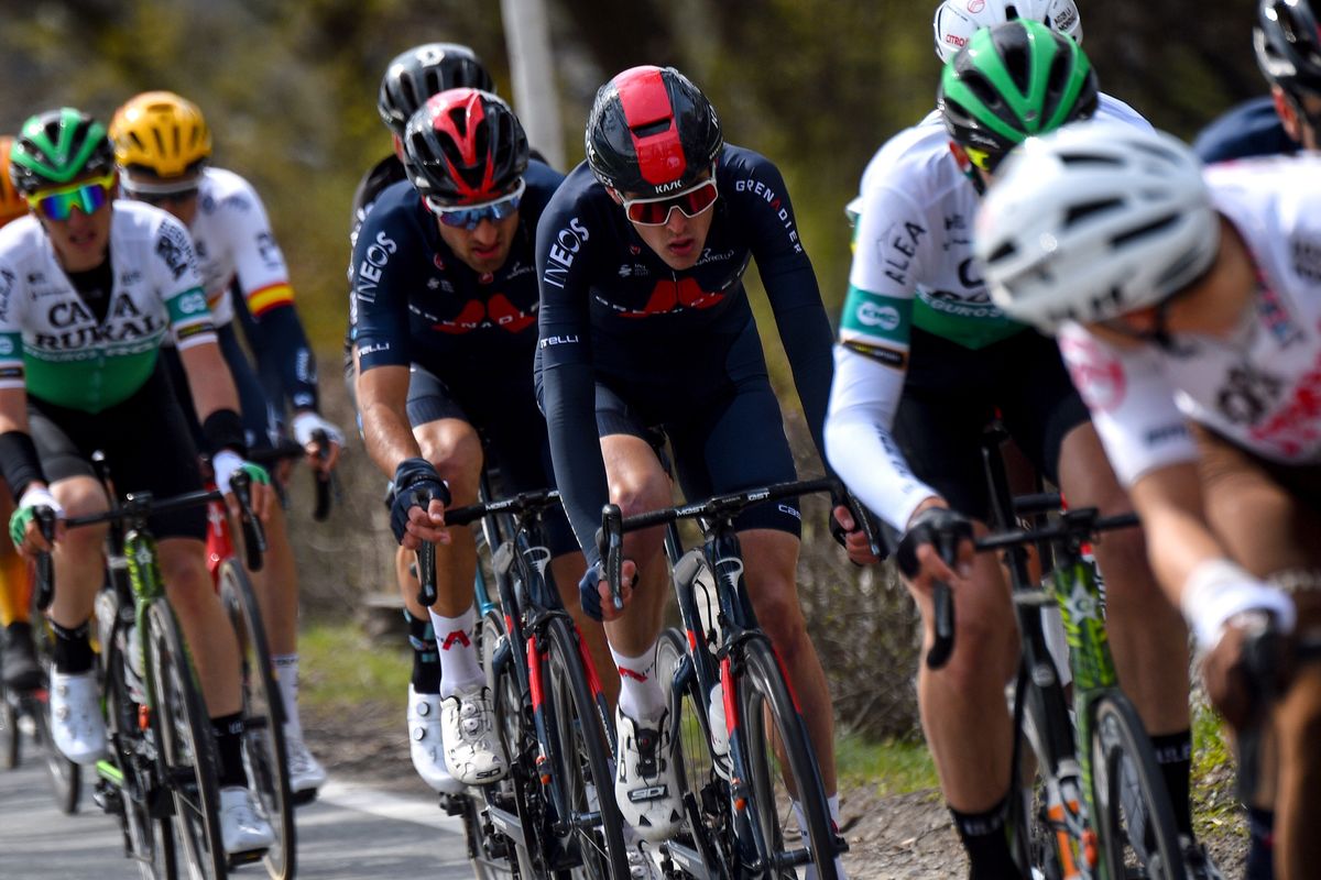Gianni Moscon sits on Pavel Sivakov's wheel