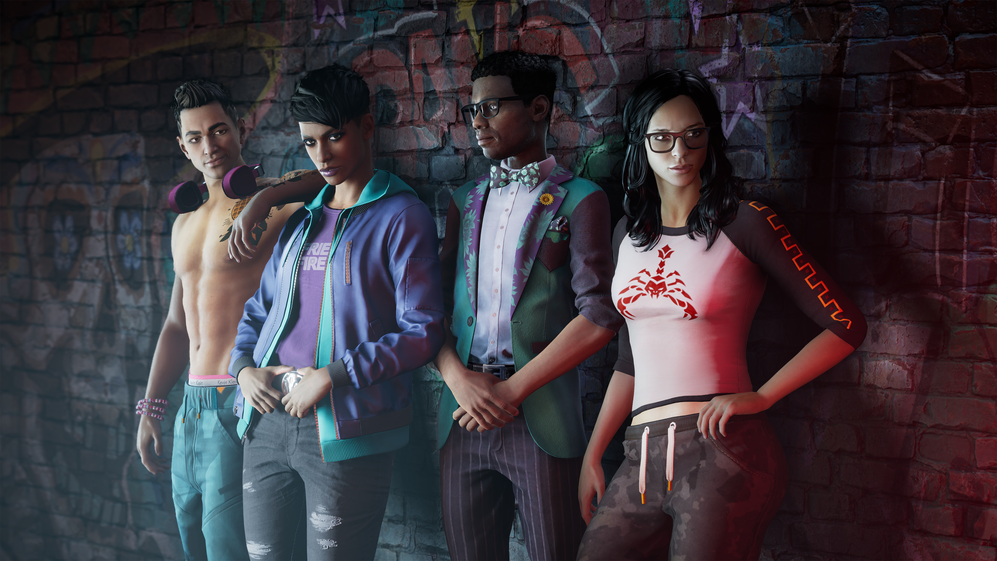 Saints Row reboot image showing four characters lined against a wall