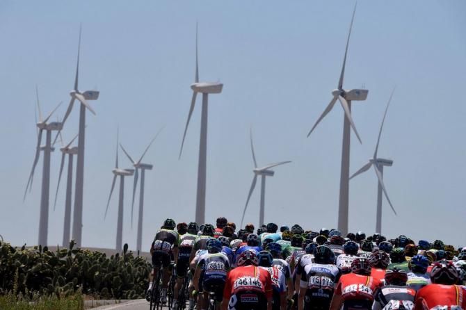 Wind turbines scatter the landscape