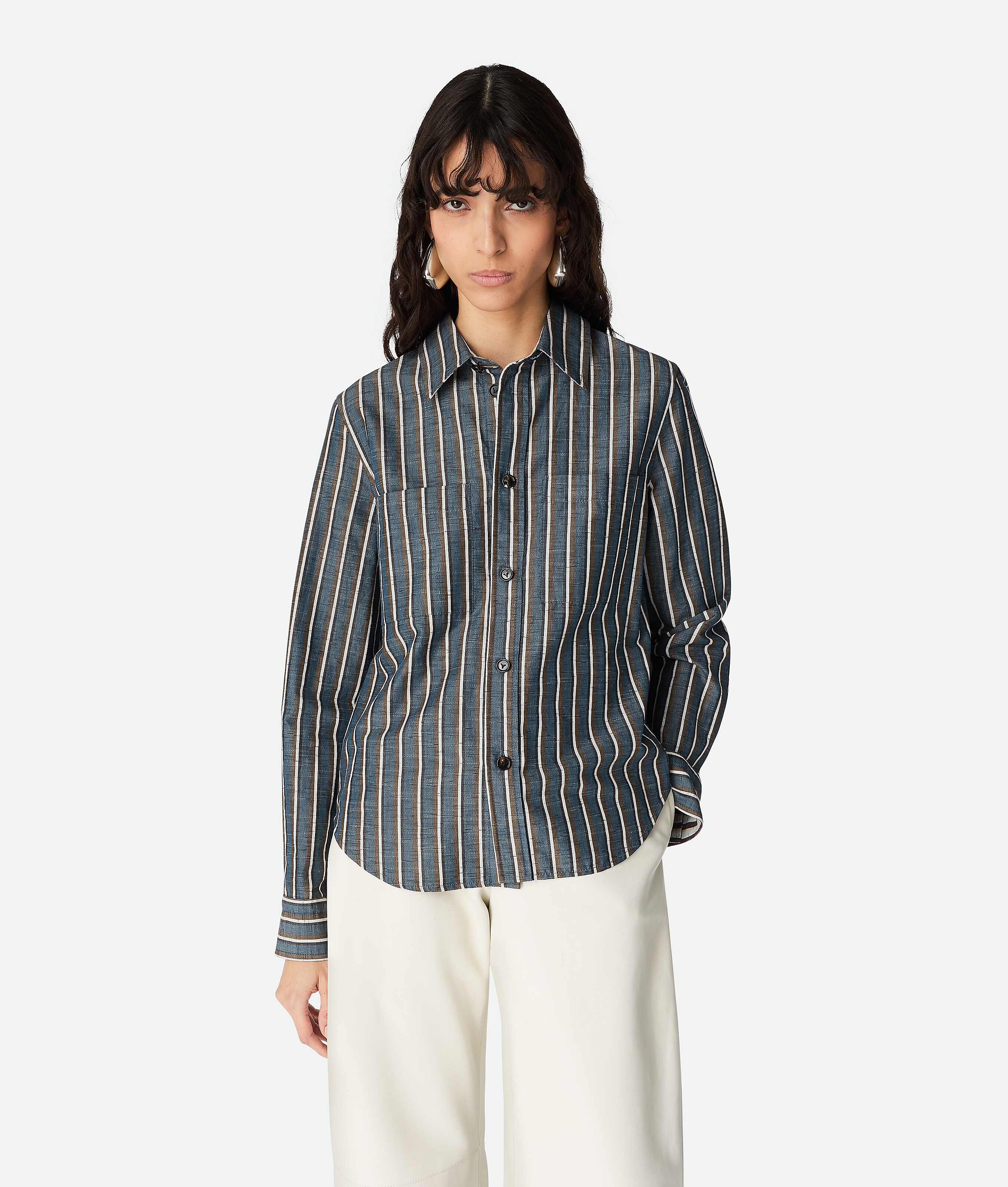 Women's Cotton and Linen Stripe Shirt in Blue/khaki/black