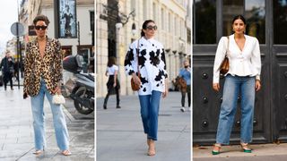 A composite of street style influencers showing jeans be business casual with heels