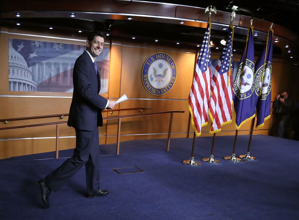 House Speaker Paul Ryan (R-WI), arrives to speak about the Republican tax reform legislation currently before Congress, during his weekly briefing on Capitol Hill December 14, 2017 in Washing