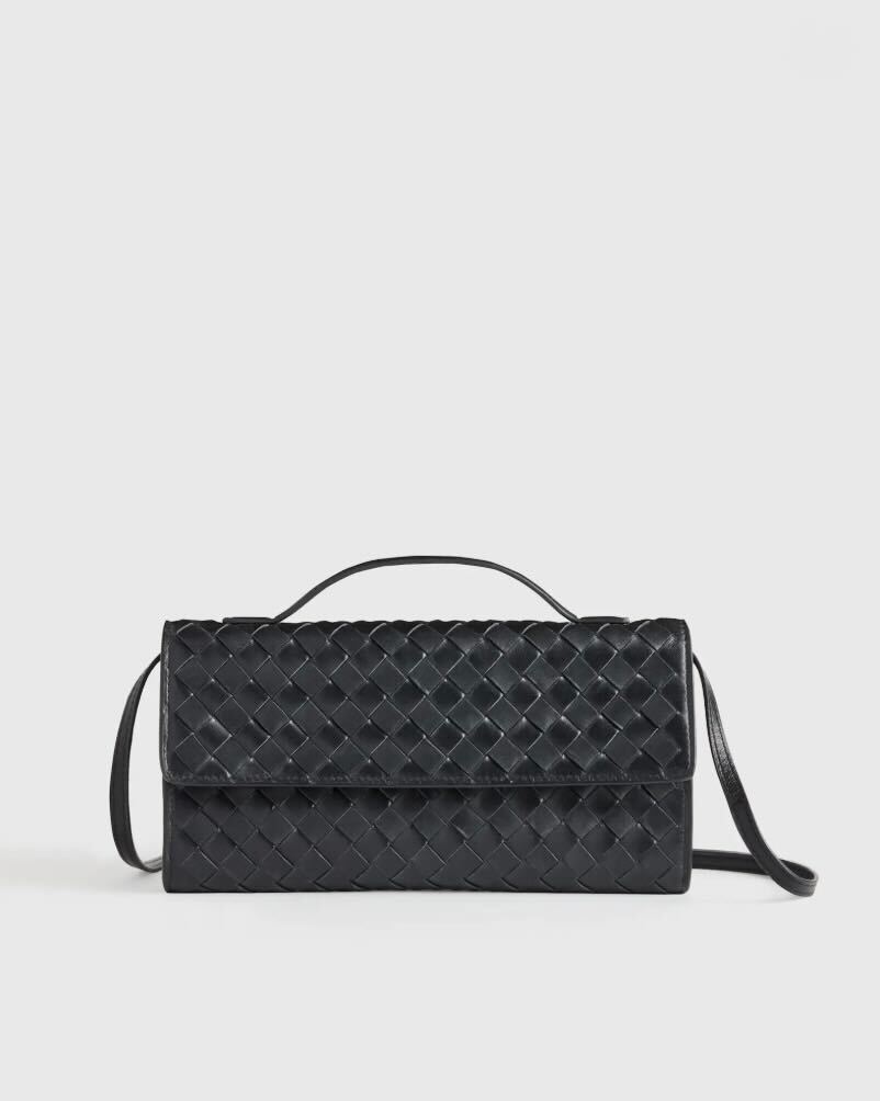 Italian Leather Handwoven Top Handle Clutch in Black