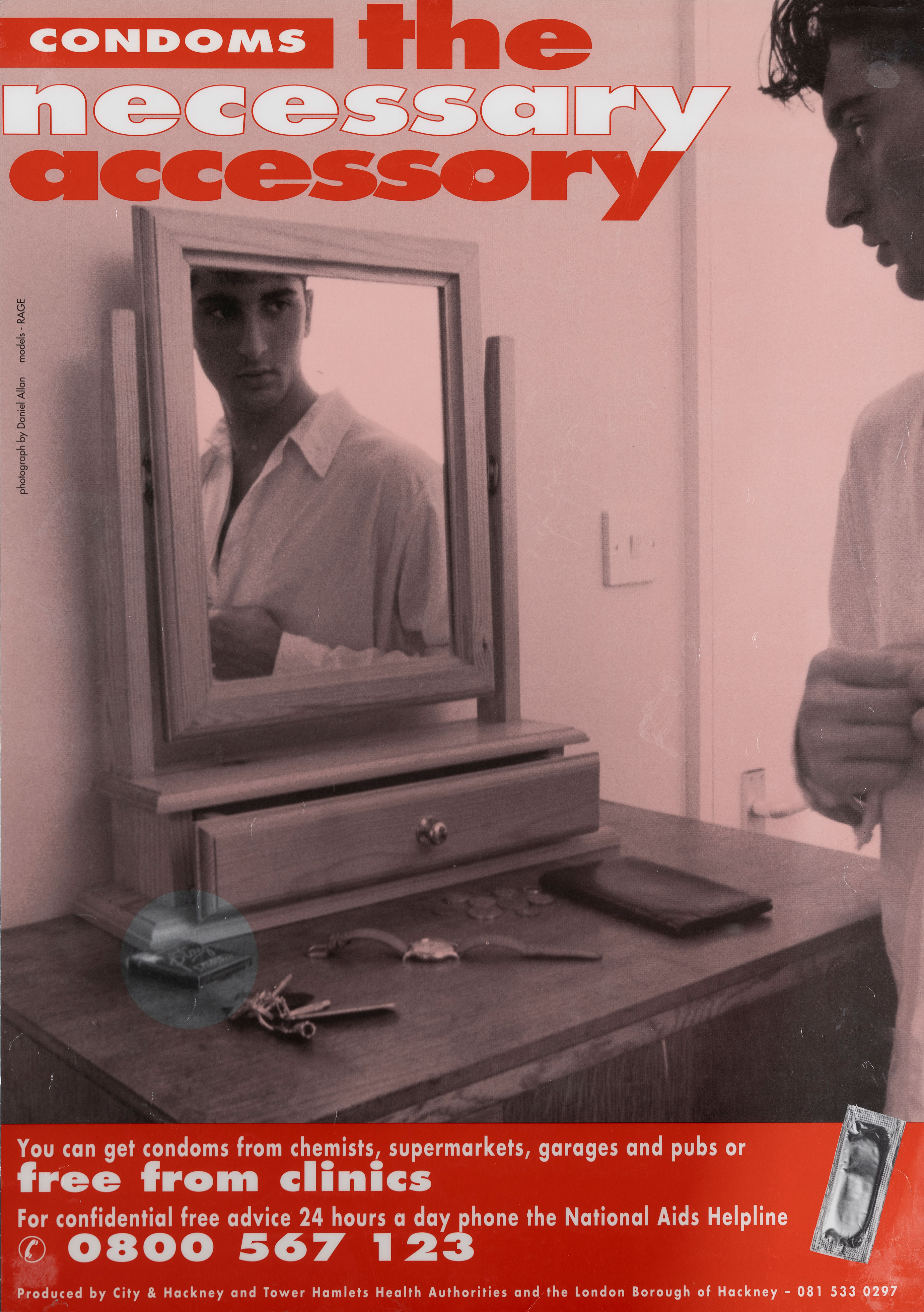 sexual health poster promoting condoms, picturing a young man getting ready to go out