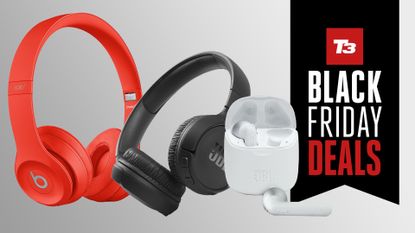 Currys Black Friday headphones deals, image shows three pairs of headphones on a grey background