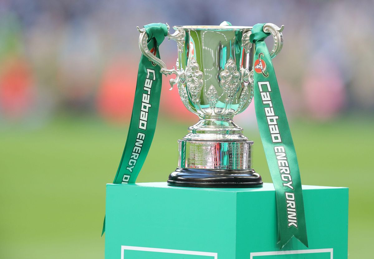 The Carabao Cup on a green plinth at Wembley Stadium, February 2023