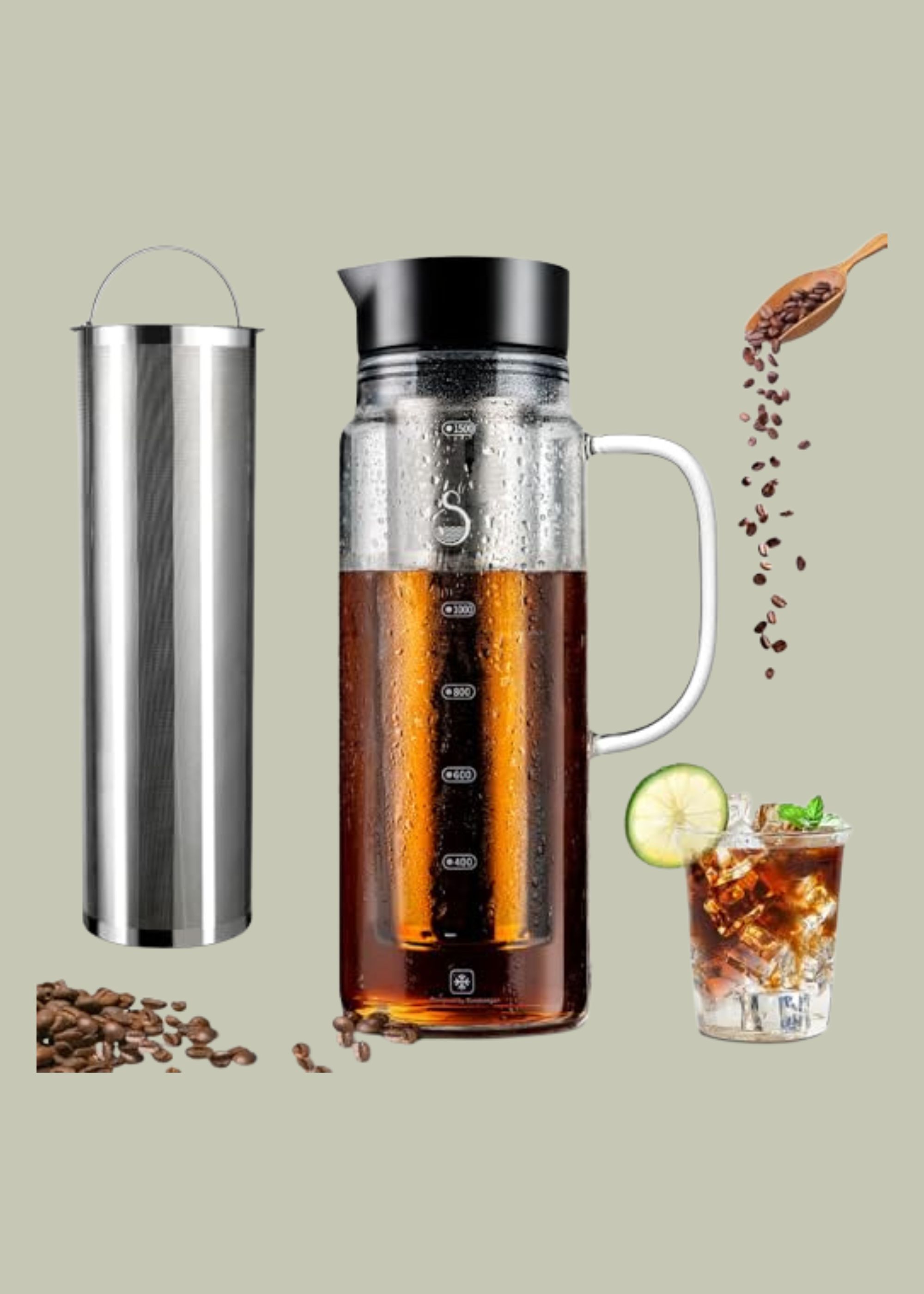 SAMBANGAN, Cold Brew Coffee Maker Glass Pitcher With Stainless Steel Double Mesh Filter (1500ml)