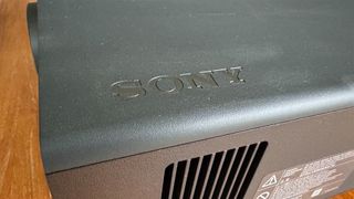 Sony Bravia Projector 9 home cinema projector detail of Sony logo on casing