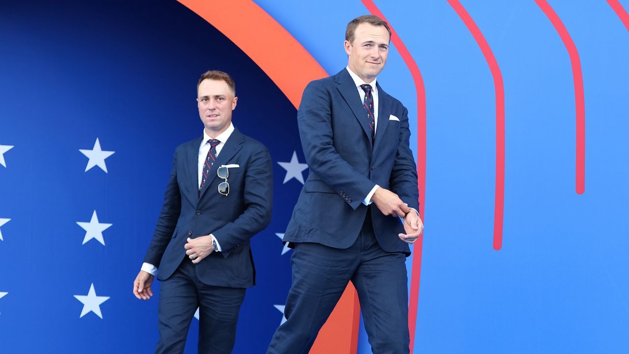 Jordan Spieth and Justin Thomas of Team United States enter the stage during the Opening Ceremony of the Ryder Cup at Marco Simone Golf &amp; Country Club on Thursday, September 28, 2023 in Rome, Italy.