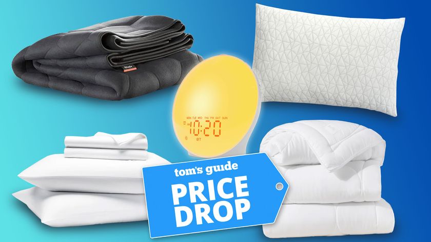 Buffy Comforter, Layla Weighted Blanket, Brooklinen Sheet, Coop Pillow, JALL Sunrise Alarm Clock