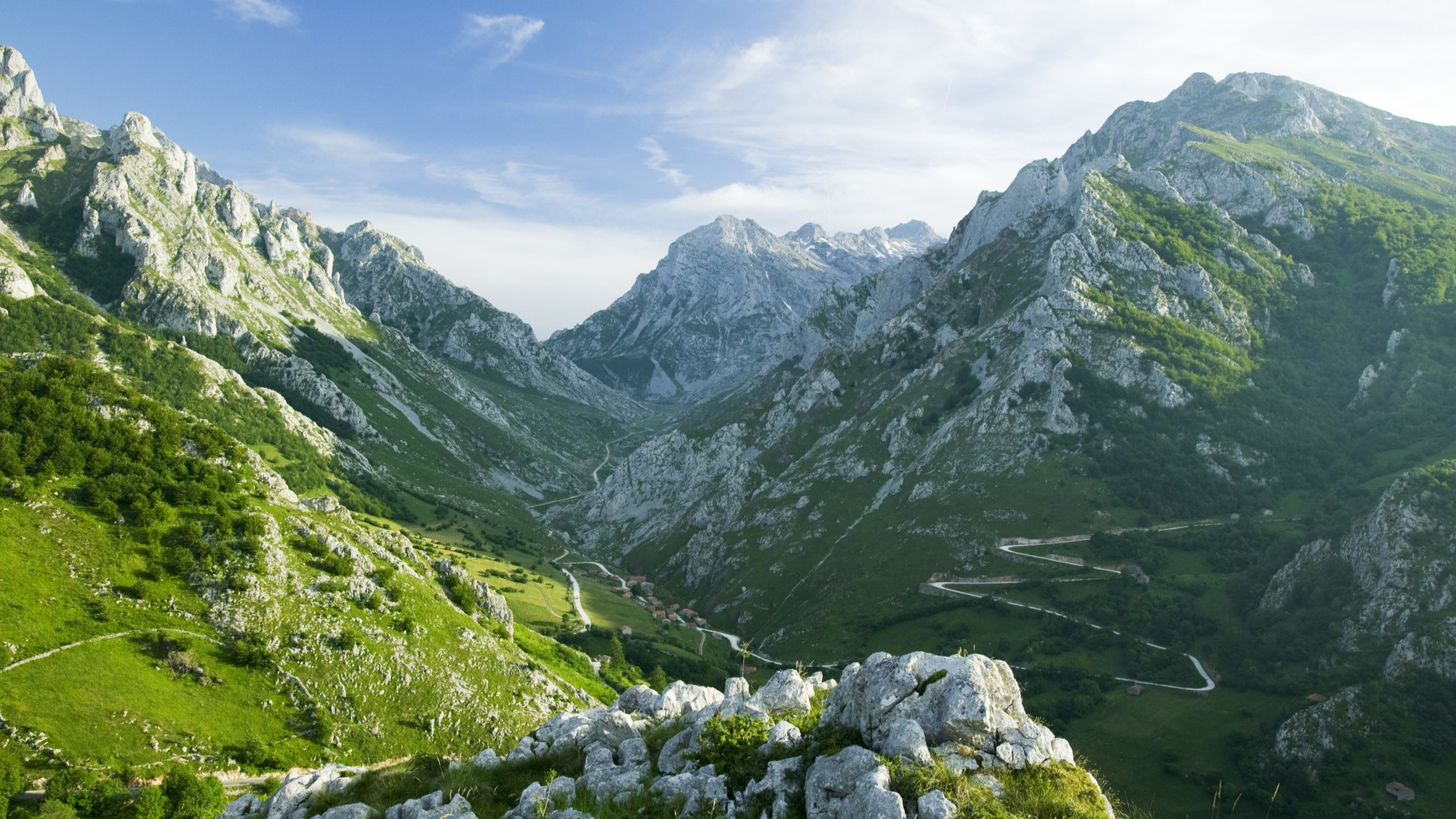Landscape near Sotres in the Picos de Europa National Park northern Spain. Rocky mountainous landscape.