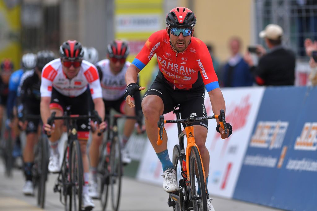 SAINTIMIER SWITZERLAND APRIL 29 Sonny Colbrelli of Italy and Team Bahrain Victorious celebrates at arrival during the 74th Tour De Romandie 2021 Stage 2 a 1657km stage from La Neuveville to SaintImier TDR2021 TDRnonstop UCIworldtour on April 29 2021 in SaintImier Switzerland Photo by Luc ClaessenGetty Images
