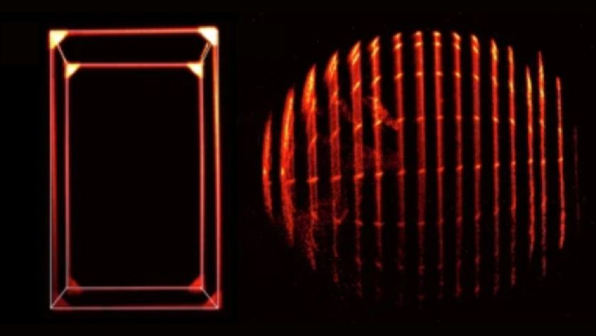 An image of two shapes made out of red light. On the left, a rectangular prism. On the right, a series of vertical lines that form the shape of a circle.