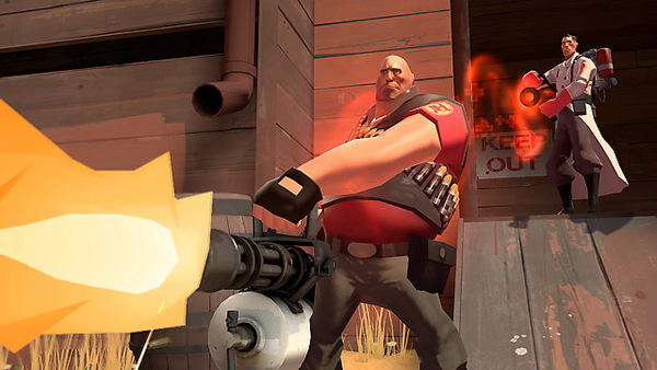 A bald-headed chonky boi in Team Fortress 2 firing a minigun