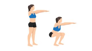 Illustrated view of woman doing a squat from starting to finishing position
