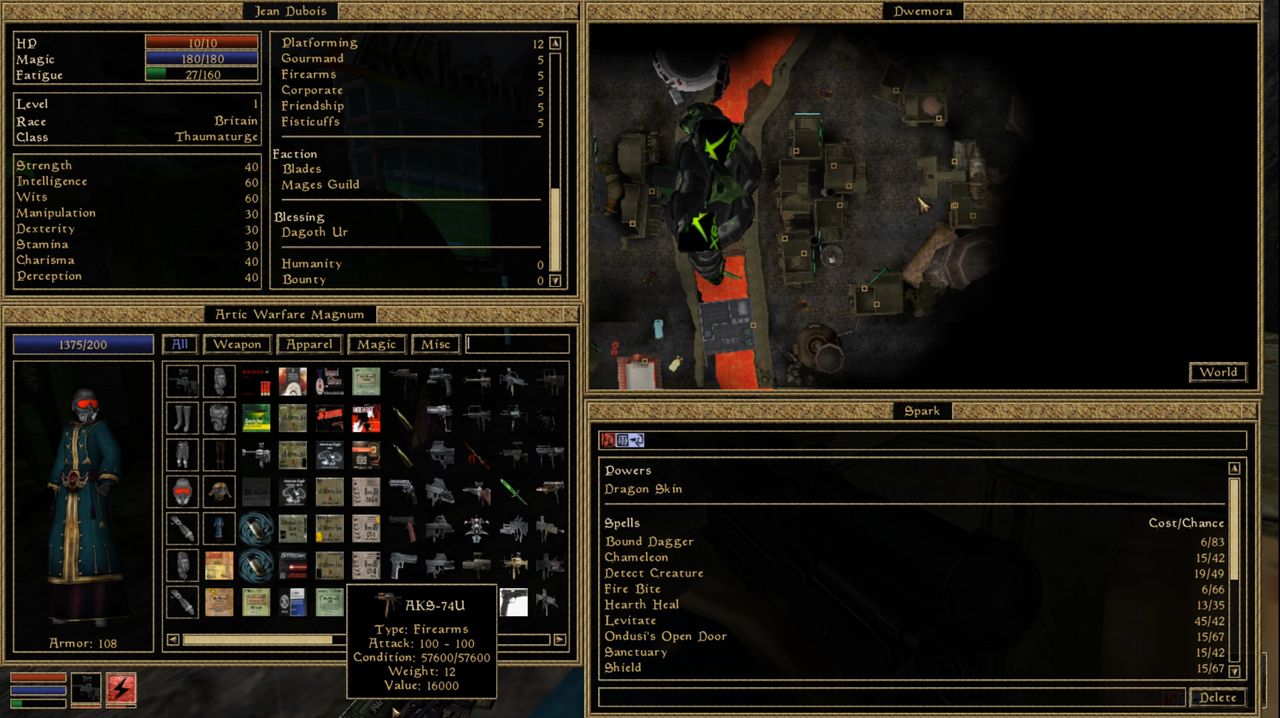 Morrowind inventory screen demonstrating tactical gear and various real-world firearms