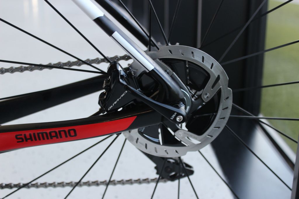 The rear Dura-Ace caliper tucks neatly onto the back of the chainstay