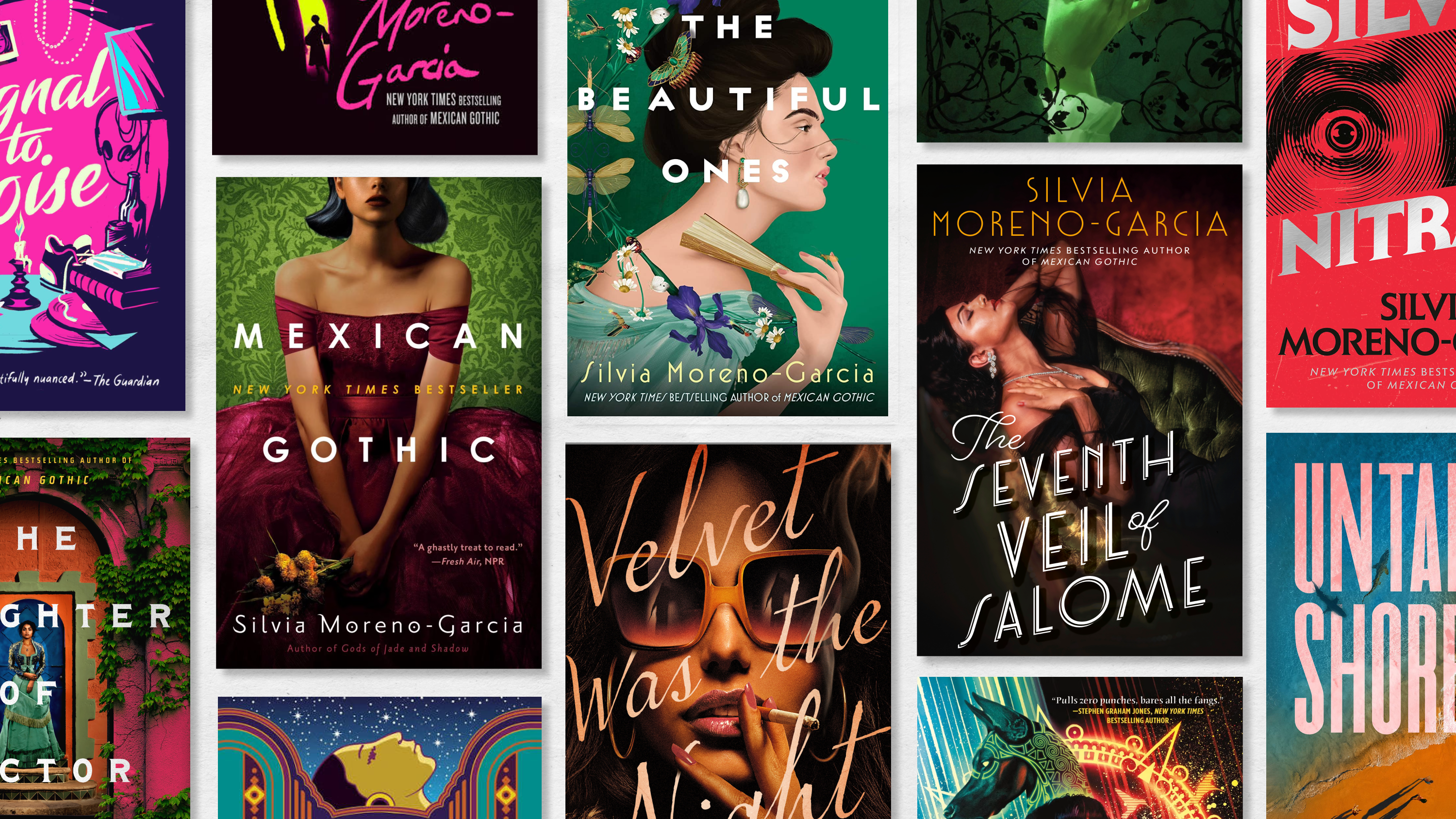a collage of every book cover by silvia moreno garcia including mexican gothic the intrigue and more