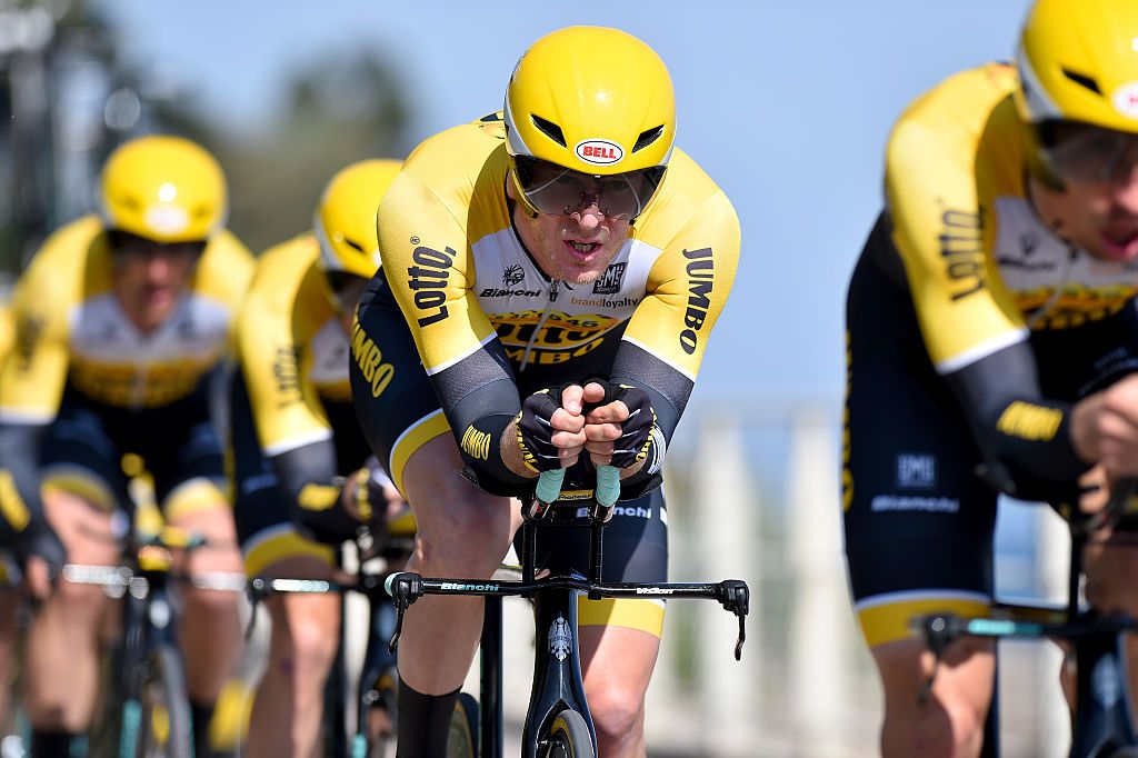LottoNL-Jumbo's Rick Flens on a similar Bianchi time trial bike to the one for sale here on eBay at the stage 1 team time trial at the 2015 Giro d'Italia