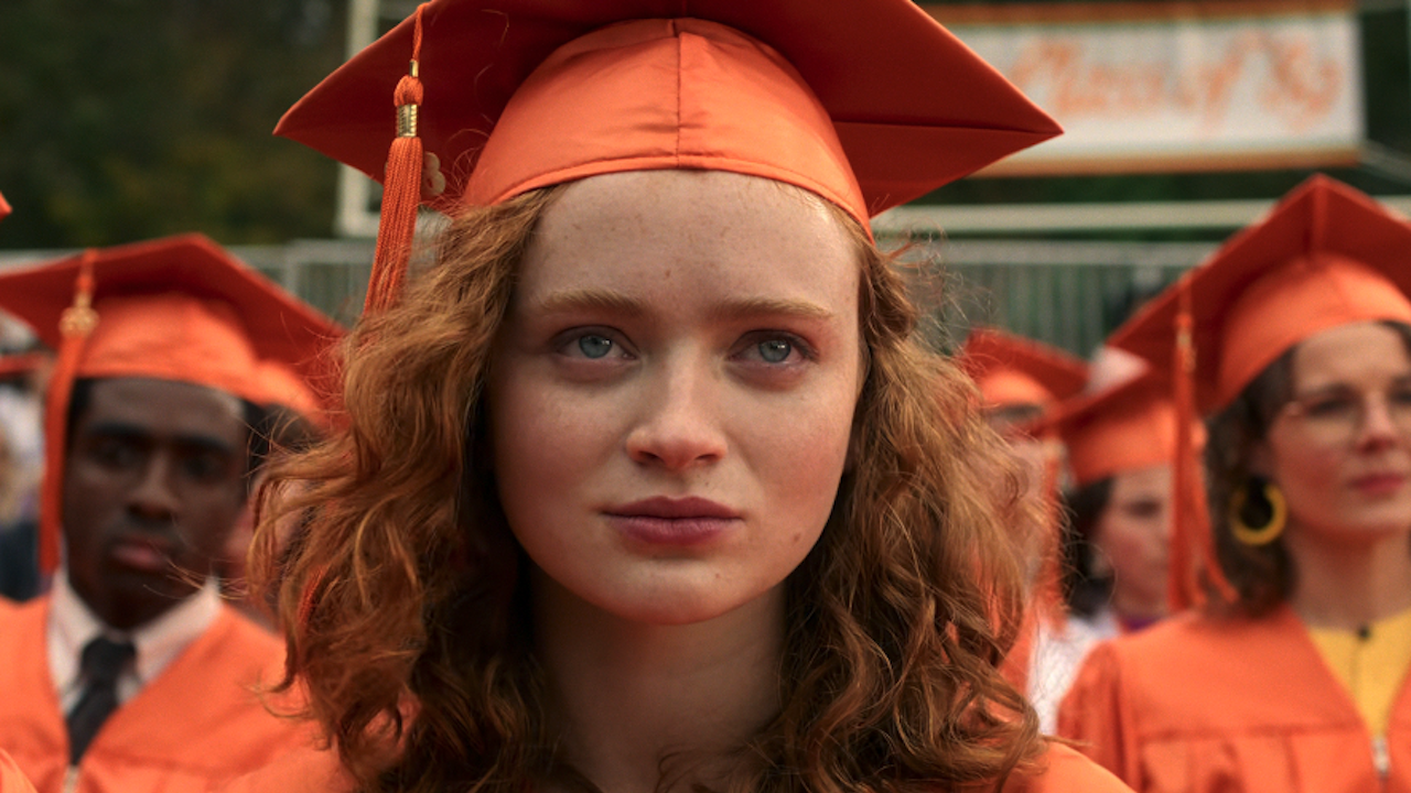 Sadie Sink's Max watching Dustin's speech at graduation during Stranger Things series finale