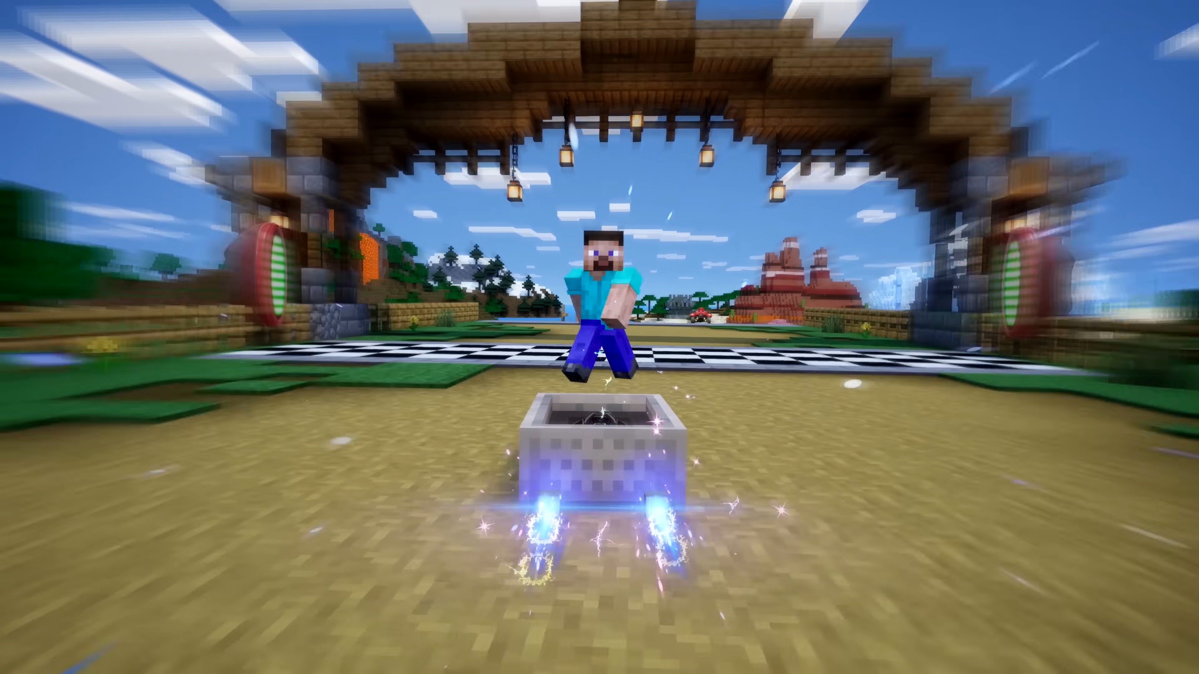 Minecraft Steve in a screenshot from Sonic Racing: CrossWorlds&#039; Summer Game Fest trailer.