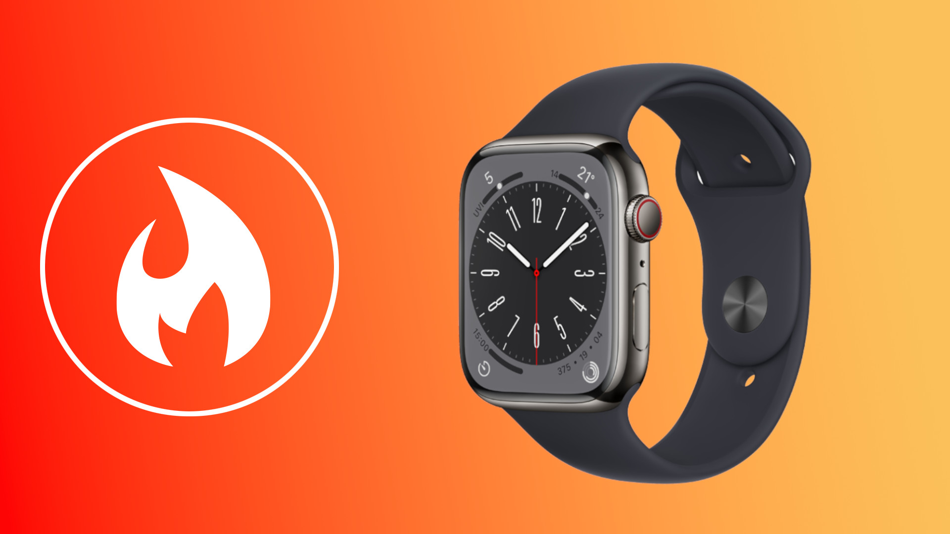 Apple Watch 8 on orange background with fire symbol