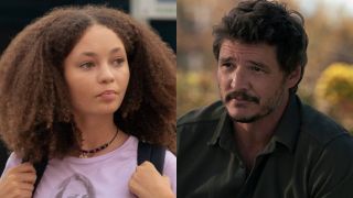 From left to right: Nico Parker holding a backback and Pedro Pascal looking to his left in The Last of Us. 