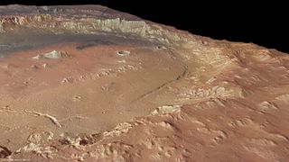 Holden crater stretches 87 miles (140 km) across. It is located in the southern highlands of Mars. This perspective image was acquired by Mars Express on August 15, 2009.