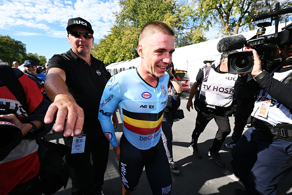 Gold medalist winner, Remco Evenepoel and Team Belgium celebrates after the 99th UCI Road World Championships Montreal 2026