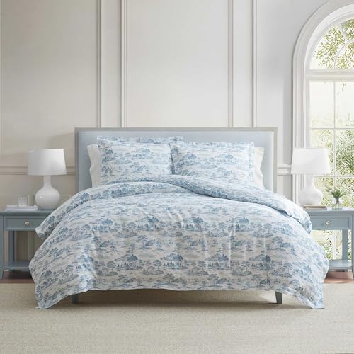 Martha Stewart - Queen Comforter Set, 100% Silky Smooth Cotton Sateen Bedding for Year Round Comfort, 3 Piece Bed Set With Matching Pillowcases (farmhouse Toile Blue)