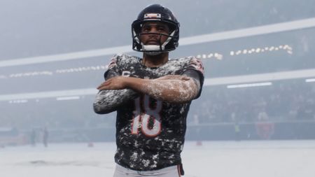 Chicago Bears quarterback Caleb Williams covered in snow in Madden NFL 27