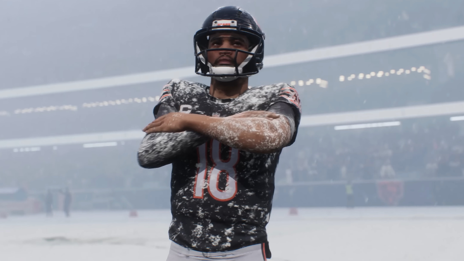 Chicago Bears quarterback Caleb Williams covered in snow in Madden NFL 27